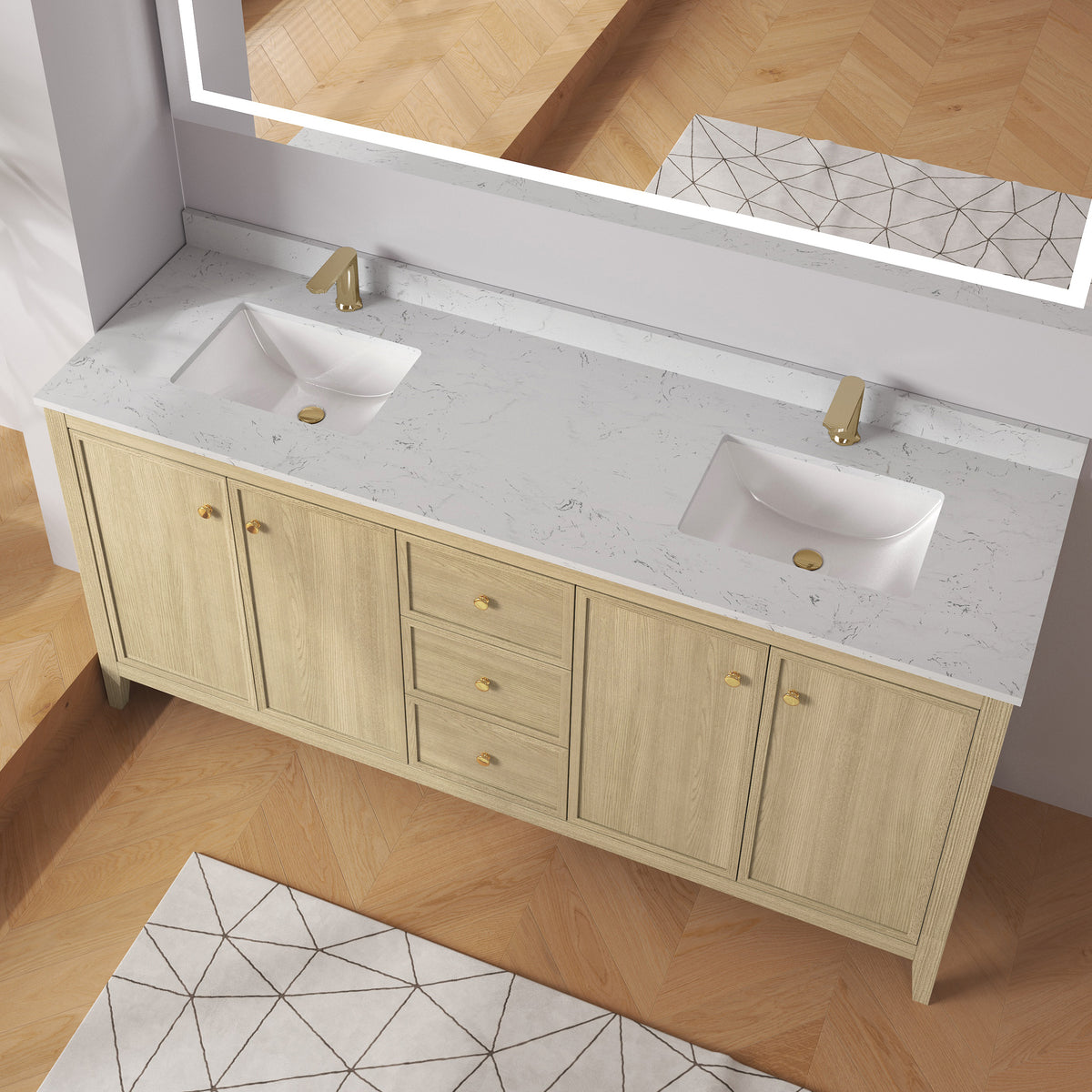Medunjess 72" Freestanding Double Sink Bathroom Vanity Set with Engineered Stone Countertop & Dual Hardware Options - Natural Oak
