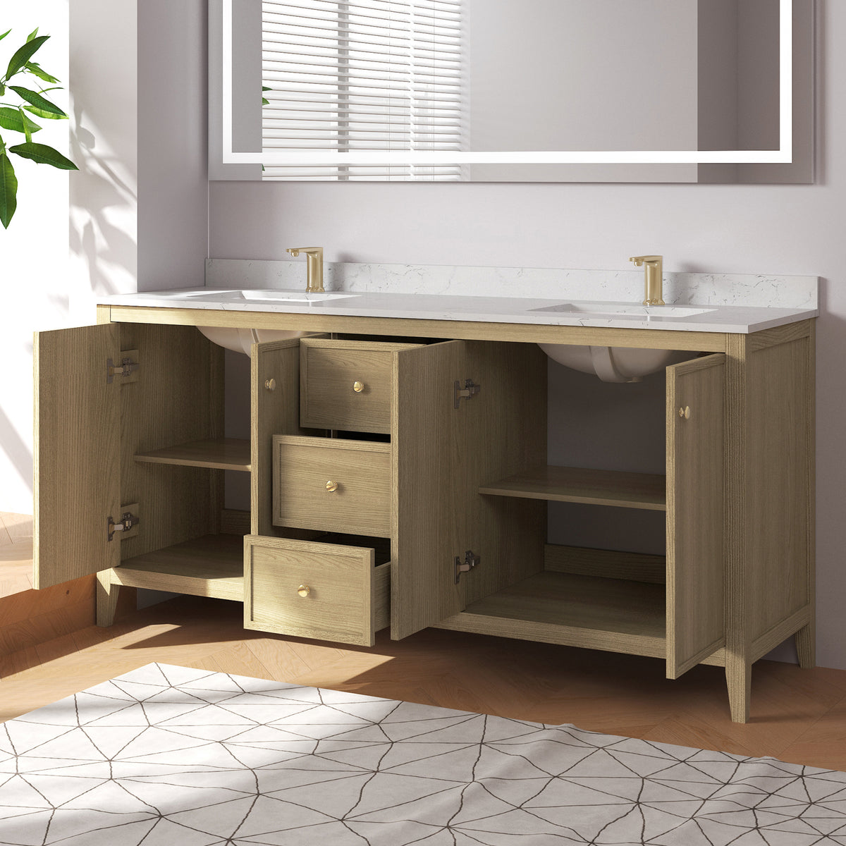 Medunjess 72" Freestanding Double Sink Bathroom Vanity Set with Engineered Stone Countertop & Dual Hardware Options - Natural Oak