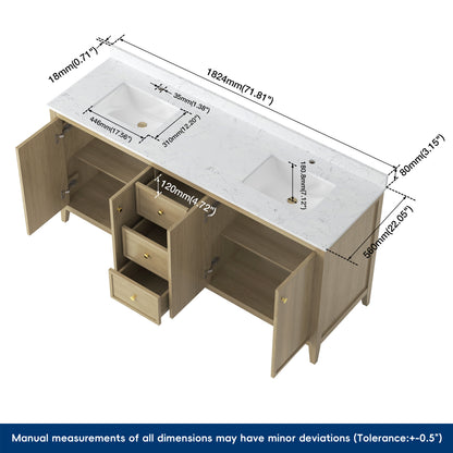 Medunjess 72" Freestanding Double Sink Bathroom Vanity Set with Engineered Stone Countertop & Dual Hardware Options - Natural Oak