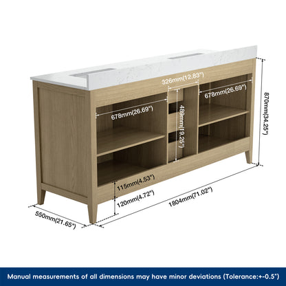 Medunjess 72" Freestanding Double Sink Bathroom Vanity Set with Engineered Stone Countertop & Dual Hardware Options - Natural Oak