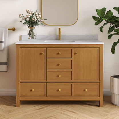 Medunjess 48" Freestanding Bathroom Vanity Set with Engineered Stone Countertop & Dual Hardware Options - White Straight Grain Oak