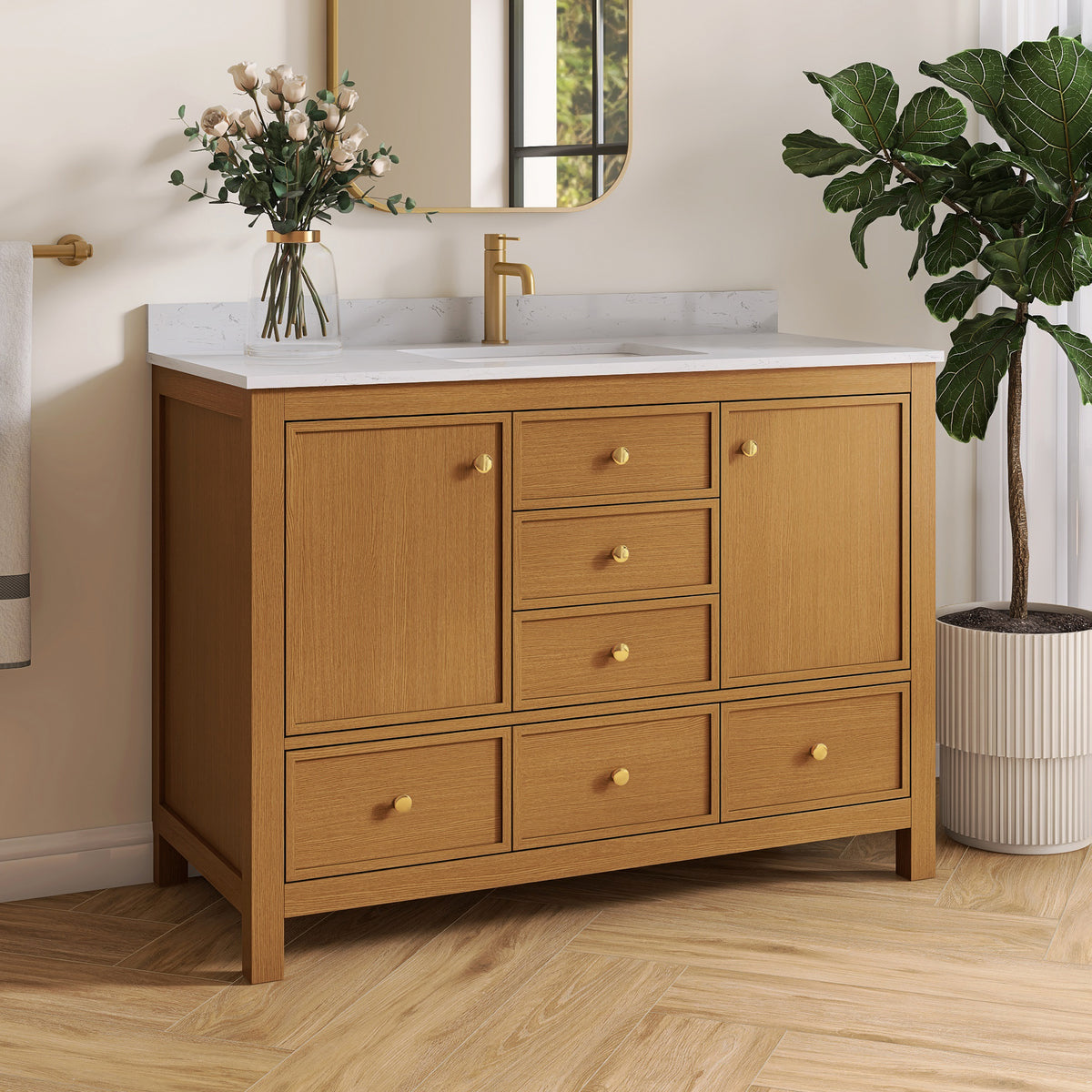 Medunjess 48" Freestanding Bathroom Vanity Set with Engineered Stone Countertop & Dual Hardware Options - White Straight Grain Oak
