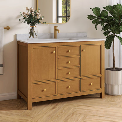 Medunjess 48" Freestanding Bathroom Vanity Set with Engineered Stone Countertop & Dual Hardware Options - White Straight Grain Oak