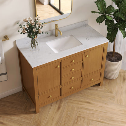 Medunjess 48" Freestanding Bathroom Vanity Set with Engineered Stone Countertop & Dual Hardware Options - White Straight Grain Oak
