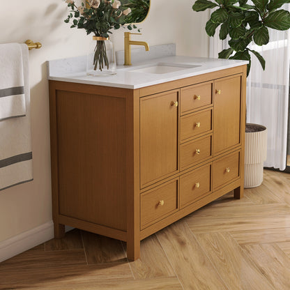 Medunjess 48" Freestanding Bathroom Vanity Set with Engineered Stone Countertop & Dual Hardware Options - White Straight Grain Oak