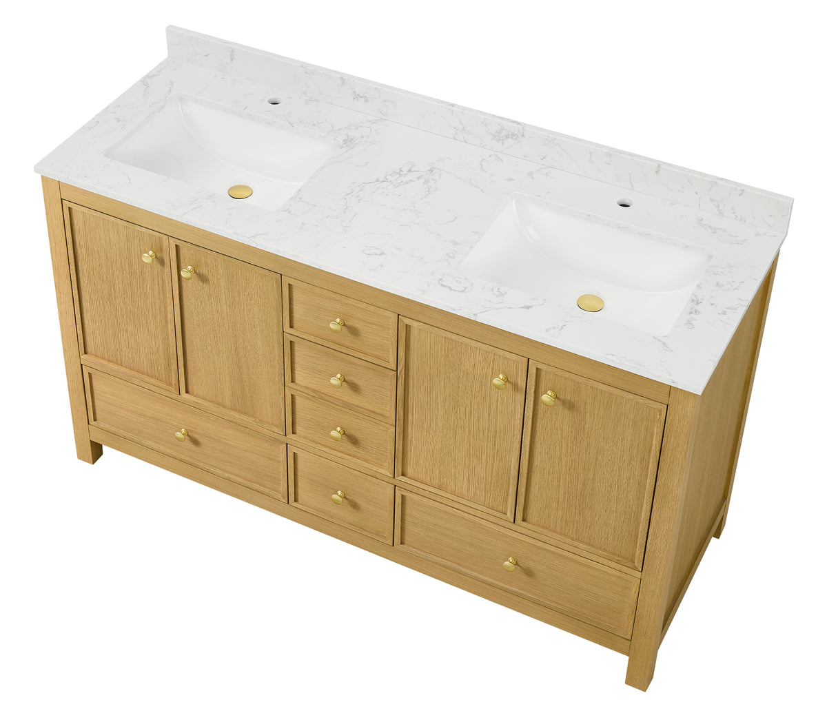 Medunjess 60" Freestanding Double Sink Bathroom Vanity Set with Engineered Stone Countertop, Backsplash & Dual Hardware Options - Medium Straight Grain Oak