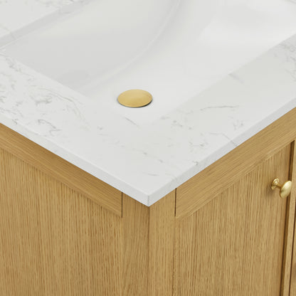 Medunjess 60" Freestanding Double Sink Bathroom Vanity Set with Engineered Stone Countertop, Backsplash & Dual Hardware Options - Medium Straight Grain Oak