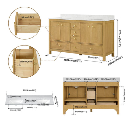 Medunjess 60" Freestanding Double Sink Bathroom Vanity Set with Engineered Stone Countertop, Backsplash & Dual Hardware Options - Medium Straight Grain Oak