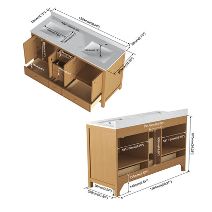 Medunjess 60" Freestanding Double Sink Bathroom Vanity Set with Engineered Stone Countertop & Dual Hardware Options - Natural Oak
