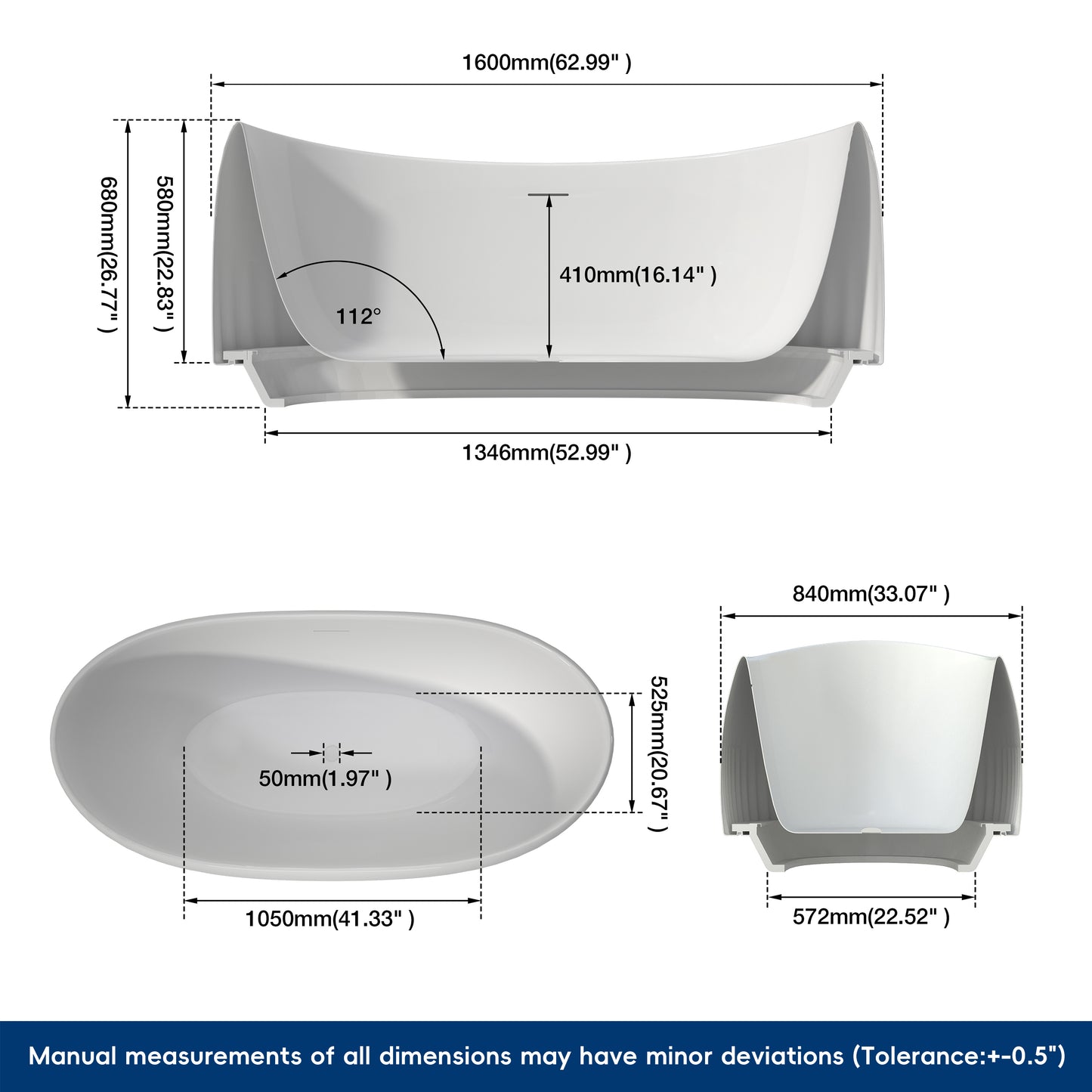 Medunjess 63" Modern Fluted Oval Freestanding Soaking Bathtub