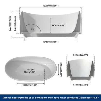 Medunjess 63" Modern Fluted Oval Freestanding Soaking Bathtub