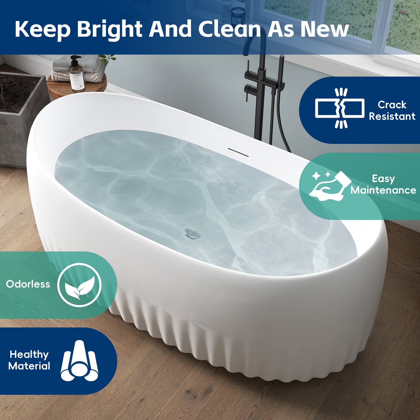 Medunjess 63" Modern Fluted Oval Freestanding Soaking Bathtub