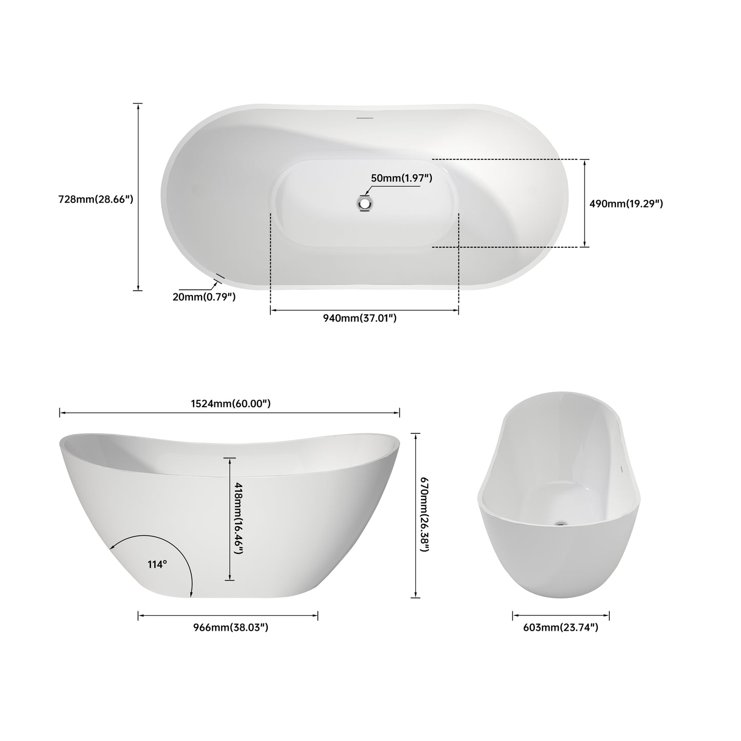 Medunjess 61'' Icon Freestanding acrylic bathtub