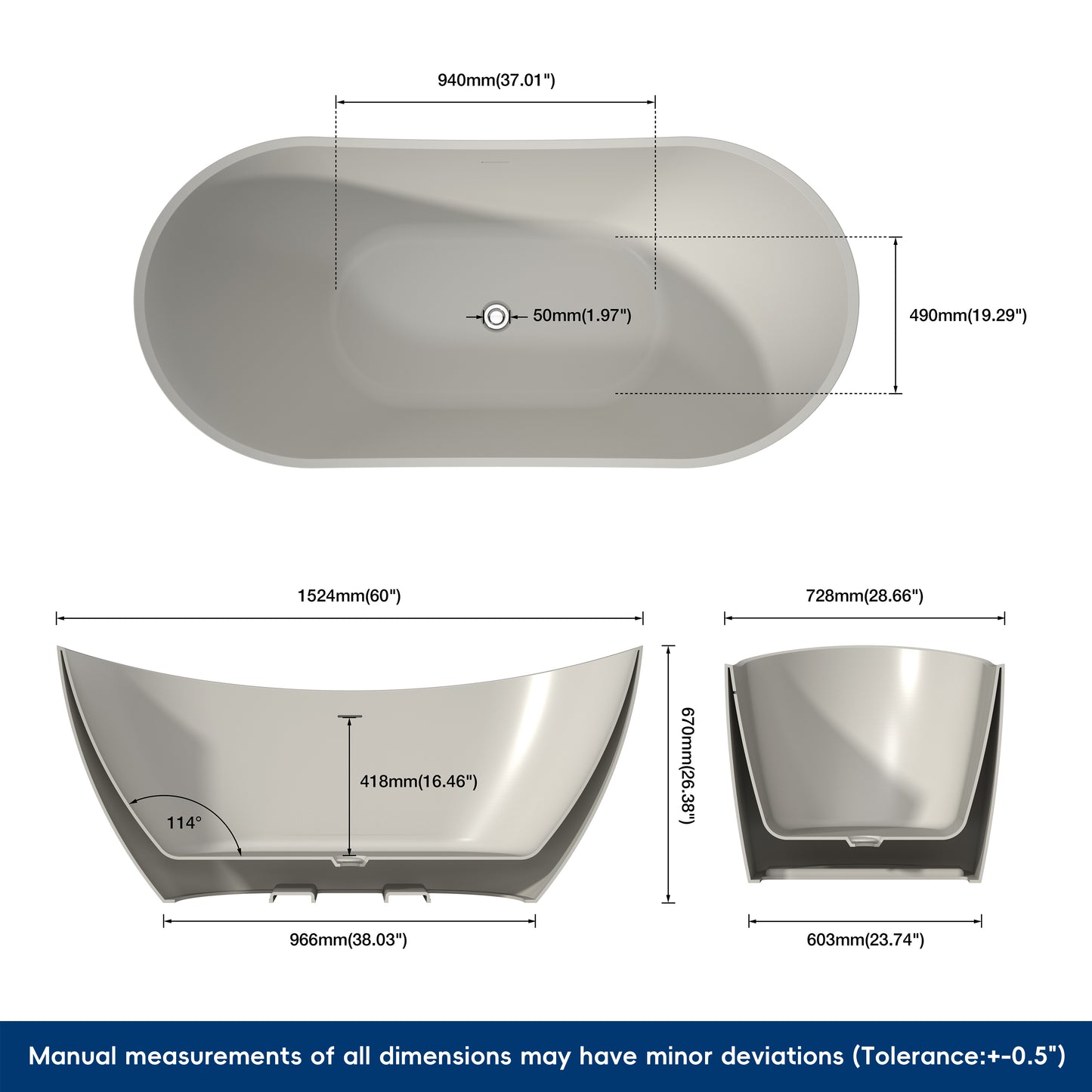 Medunjess 60" Alba Acrylic Freestanding Bathtub Deep Soaking Tub