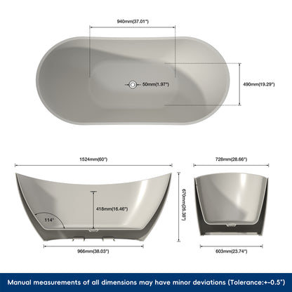 Medunjess 60" Alba Acrylic Freestanding Bathtub Deep Soaking Tub
