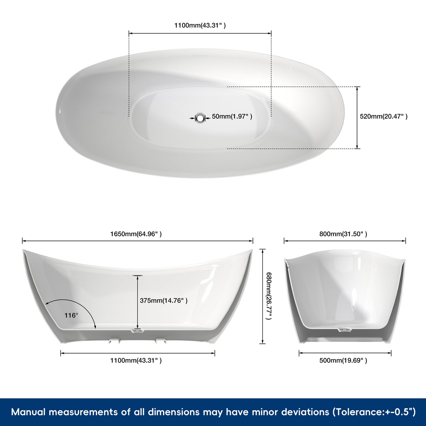 Medunjess 65" Modern Acrylic Freestanding Bathtub Deep Soaking Tub
