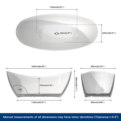 Medunjess 65" Modern Acrylic Freestanding Bathtub Deep Soaking Tub