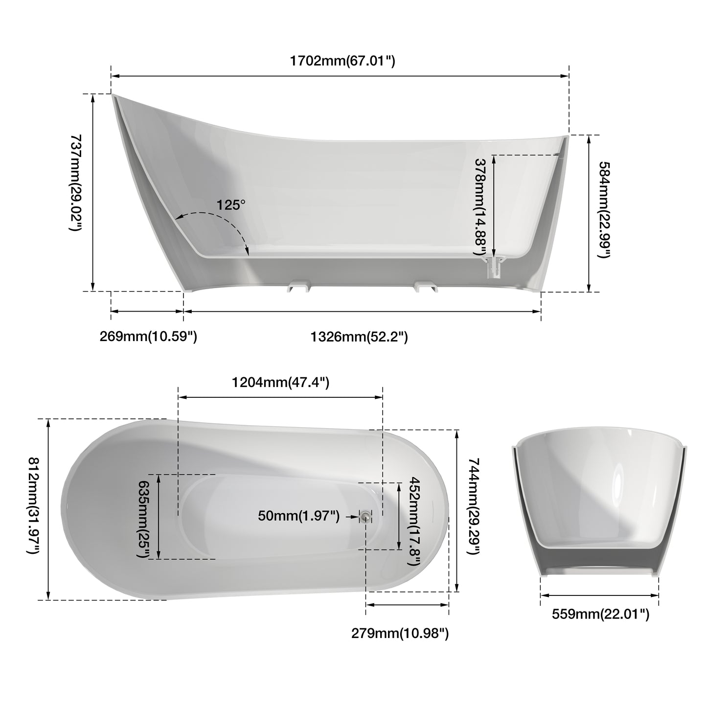 Medunjess 67'' Legacy Freestanding acrylic Bathtub