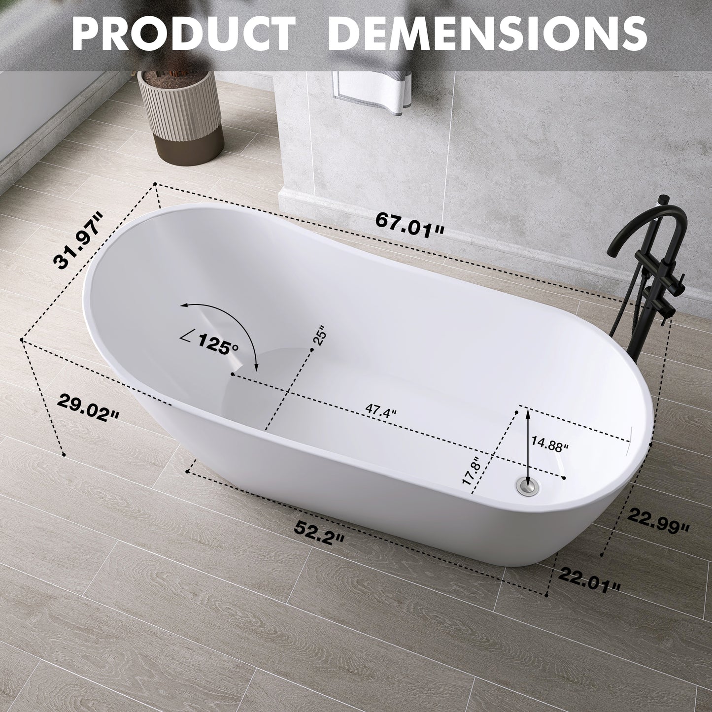 Medunjess 67'' Legacy Freestanding acrylic Bathtub