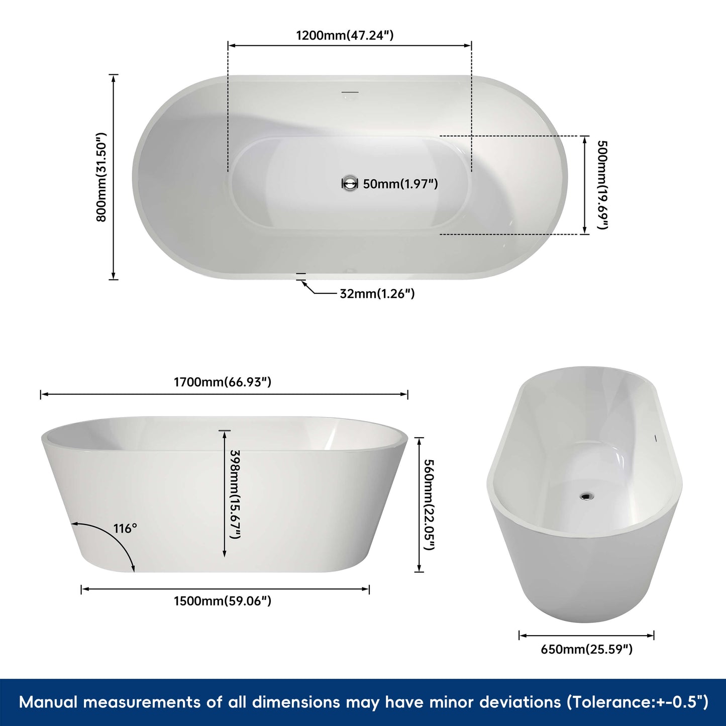 Medunjess 67” Lumina Freestanding acrylic bathtub