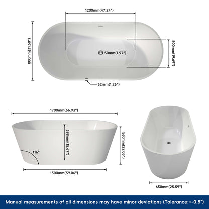 Medunjess 67” Lumina Freestanding acrylic bathtub