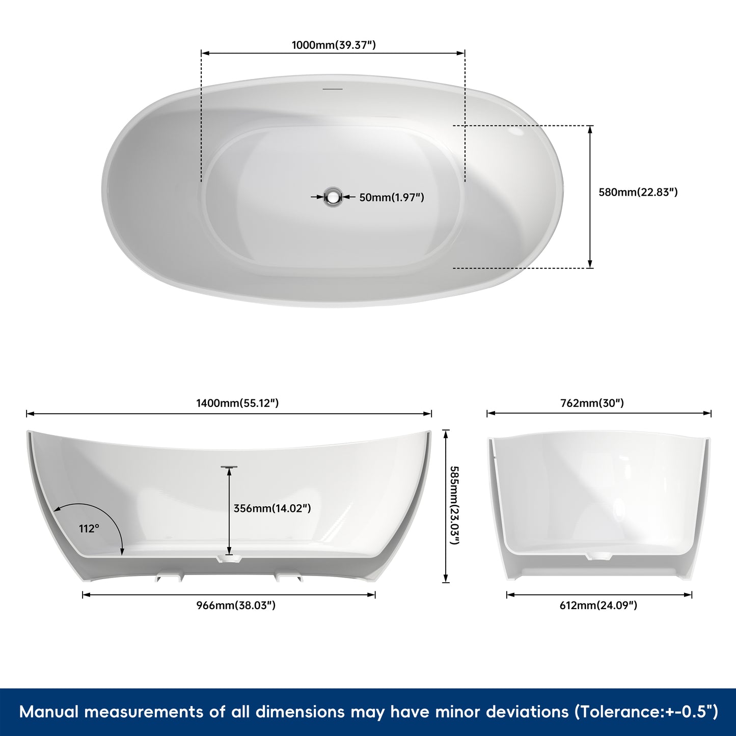 Medunjess 55'' Cascade Freestanding Tub Deep Soaking Acrylic Bathtub