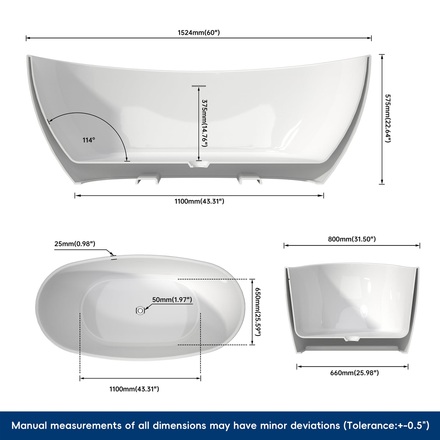 Medunjess 60'' Void Freestanding Tub Deep Soaking Acrylic Bathtub