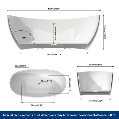 Medunjess 60'' Void Freestanding Tub Deep Soaking Acrylic Bathtub