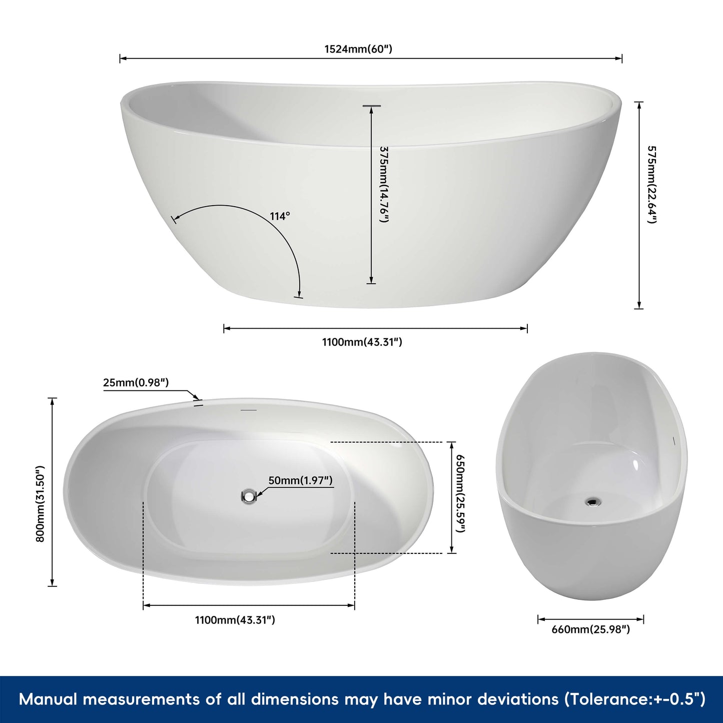 Medunjess 61'' Ethos Freestanding acrylic bathtub