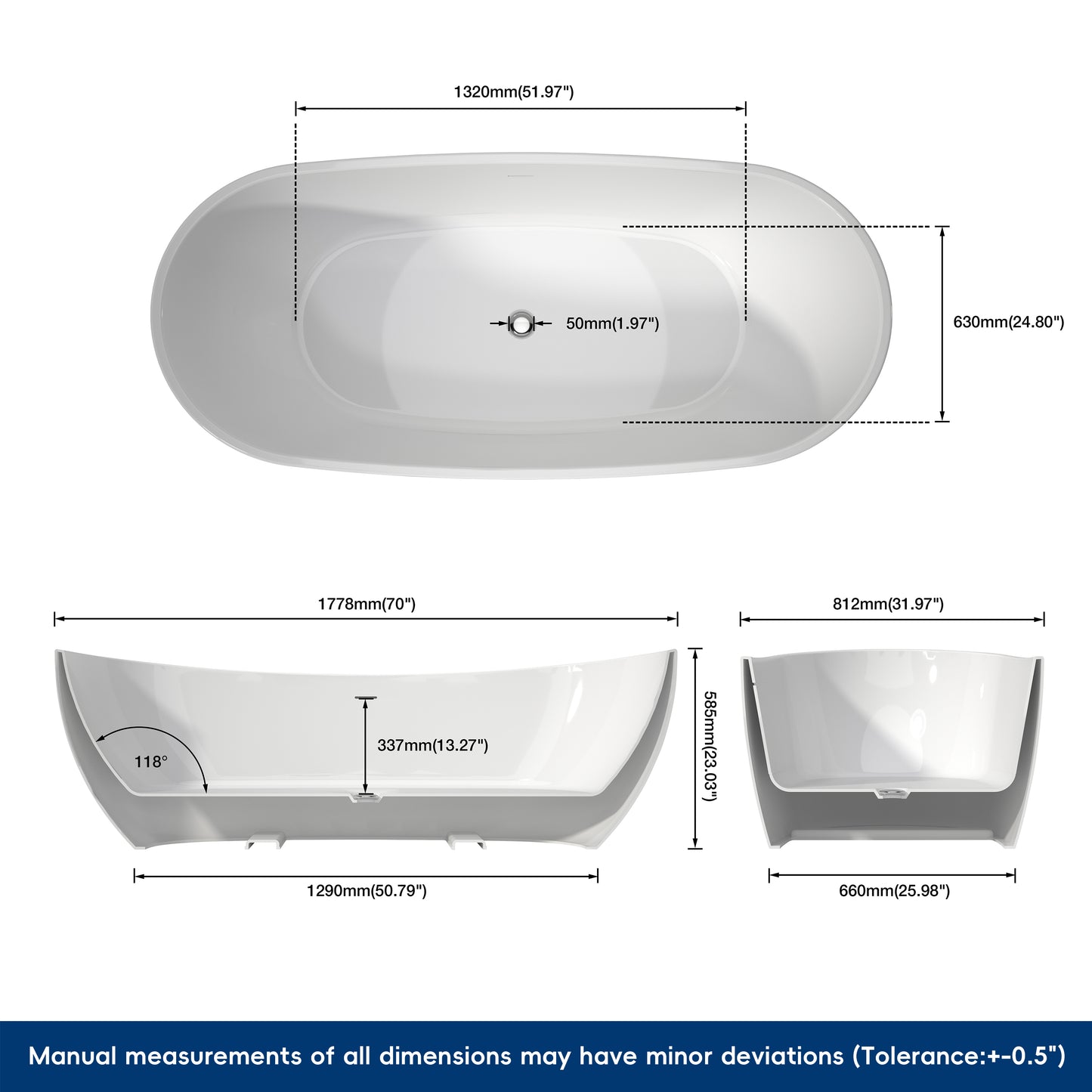 Medunjess 70'' Drift Freestanding Tub Deep Soaking Acrylic Bathtub