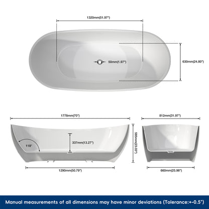 Medunjess 70'' Drift Freestanding Tub Deep Soaking Acrylic Bathtub