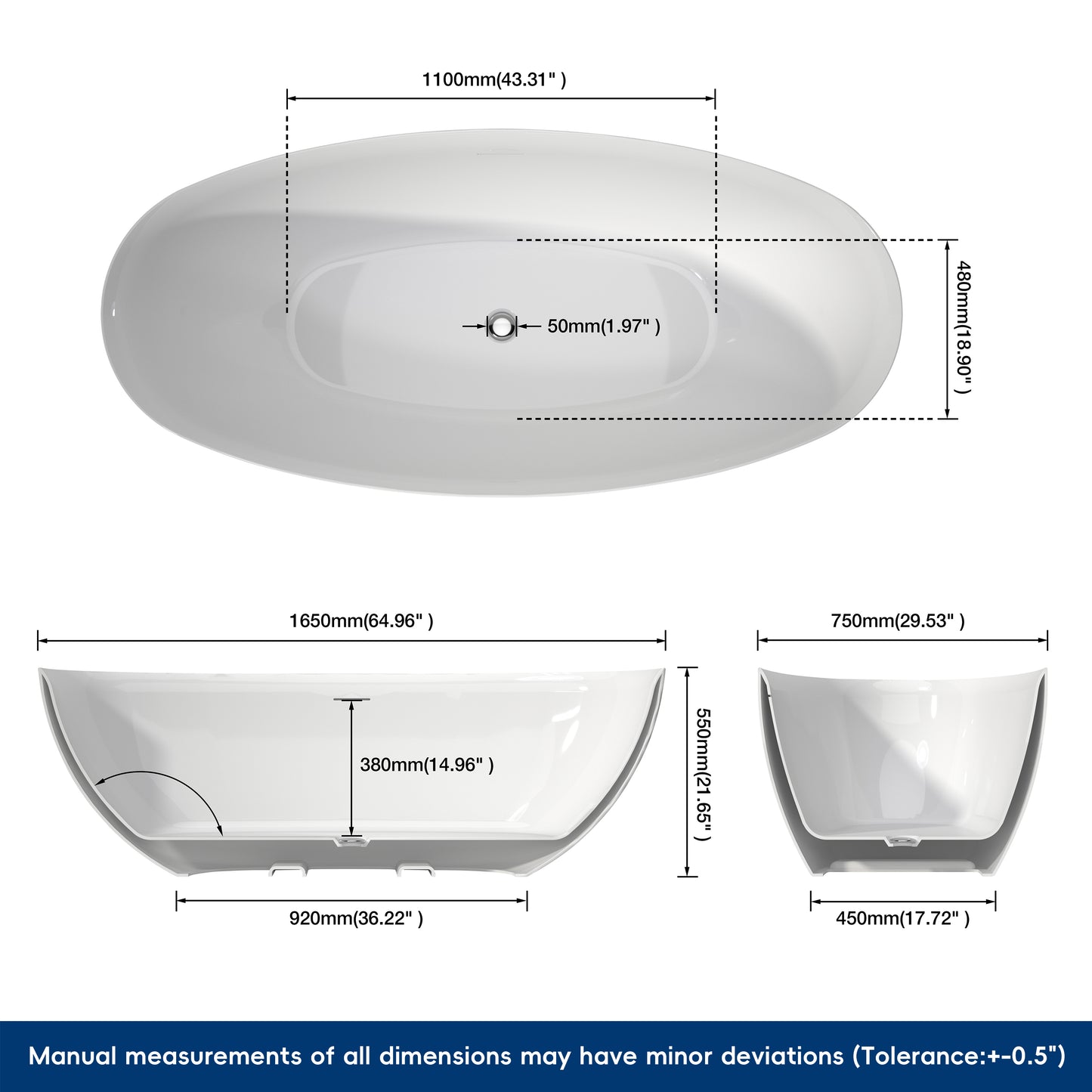 Medunjess 65" Minimalist Acrylic Freestanding Bathtub Soaking Tub