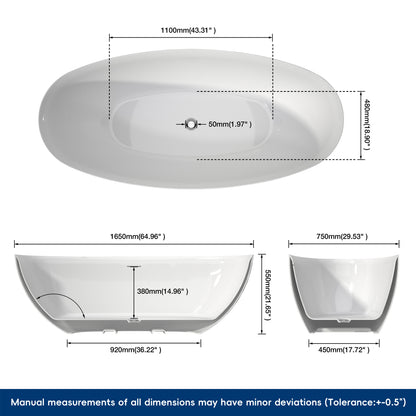 Medunjess 65" Minimalist Acrylic Freestanding Bathtub Soaking Tub