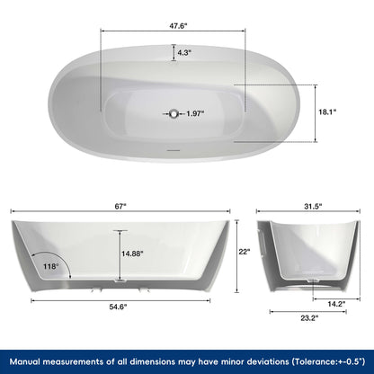 Medunjess 67'' Mono Freestanding Tub Deep Soaking Acrylic Bathtub