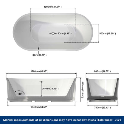 Medunjess 67'' Flux Freestanding Tub Deep Soaking Acrylic Bathtub
