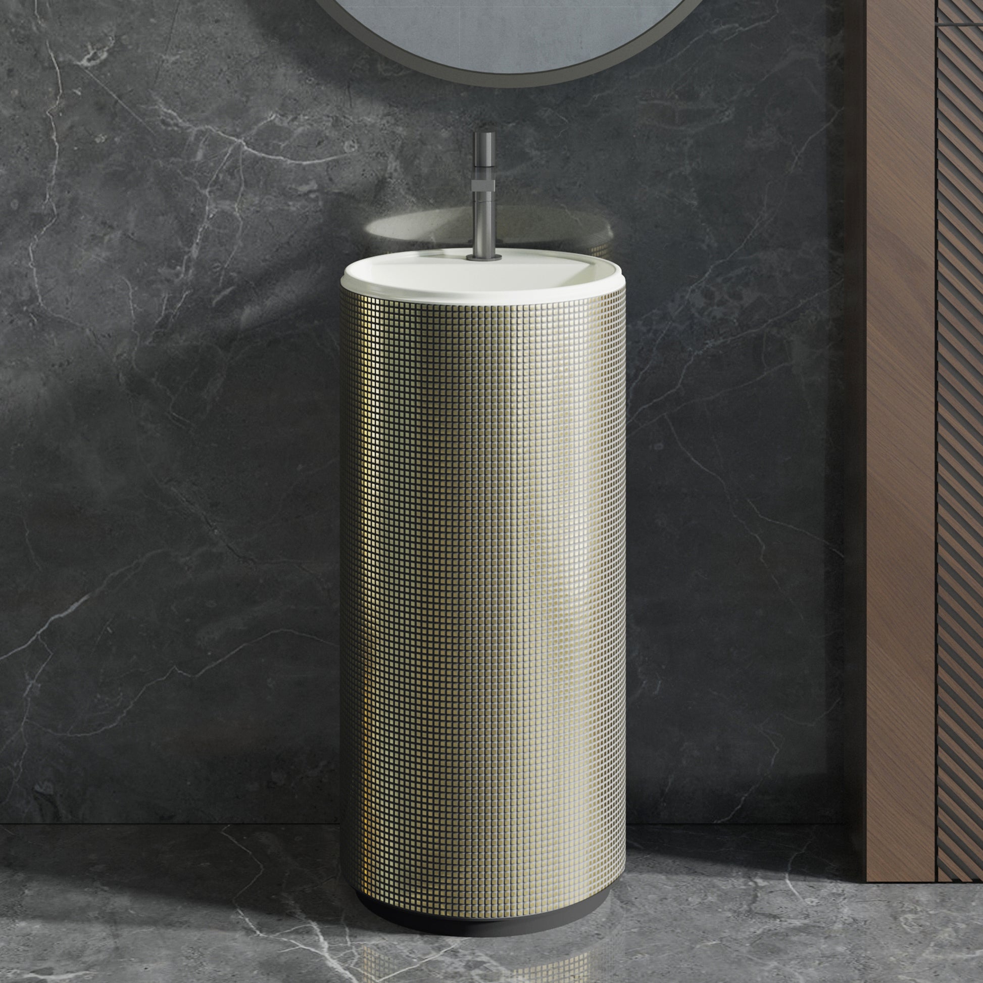 Cylindrical freestanding sink with Antique Gold Electroplated Grid against a dark marble wall.