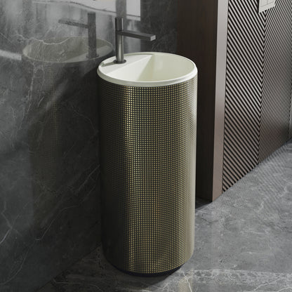 Modern freestanding sink with Antique Gold Electroplated Grid pattern in a bathroom setting