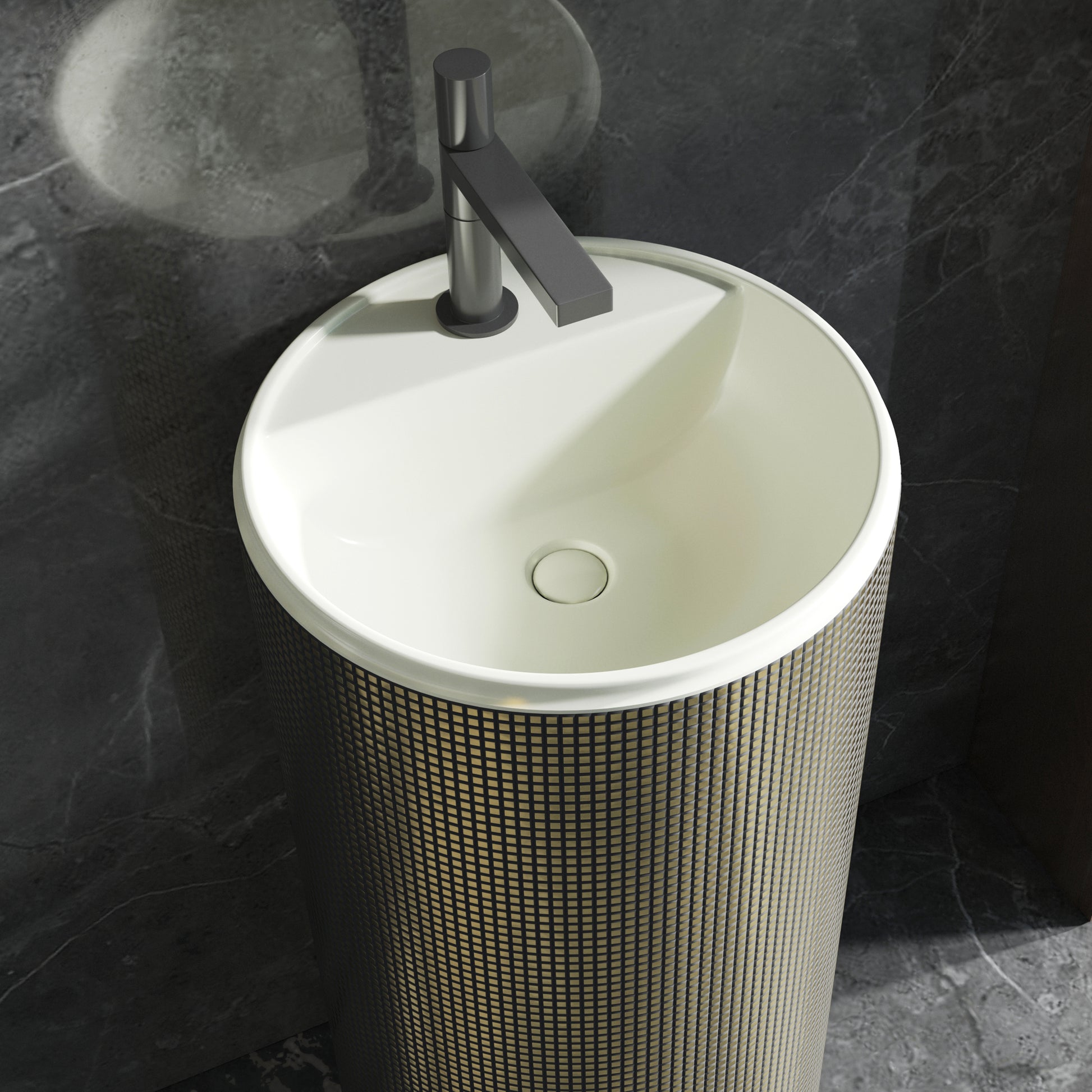 Modern cylindrical sink with a faucet on a dark marble background