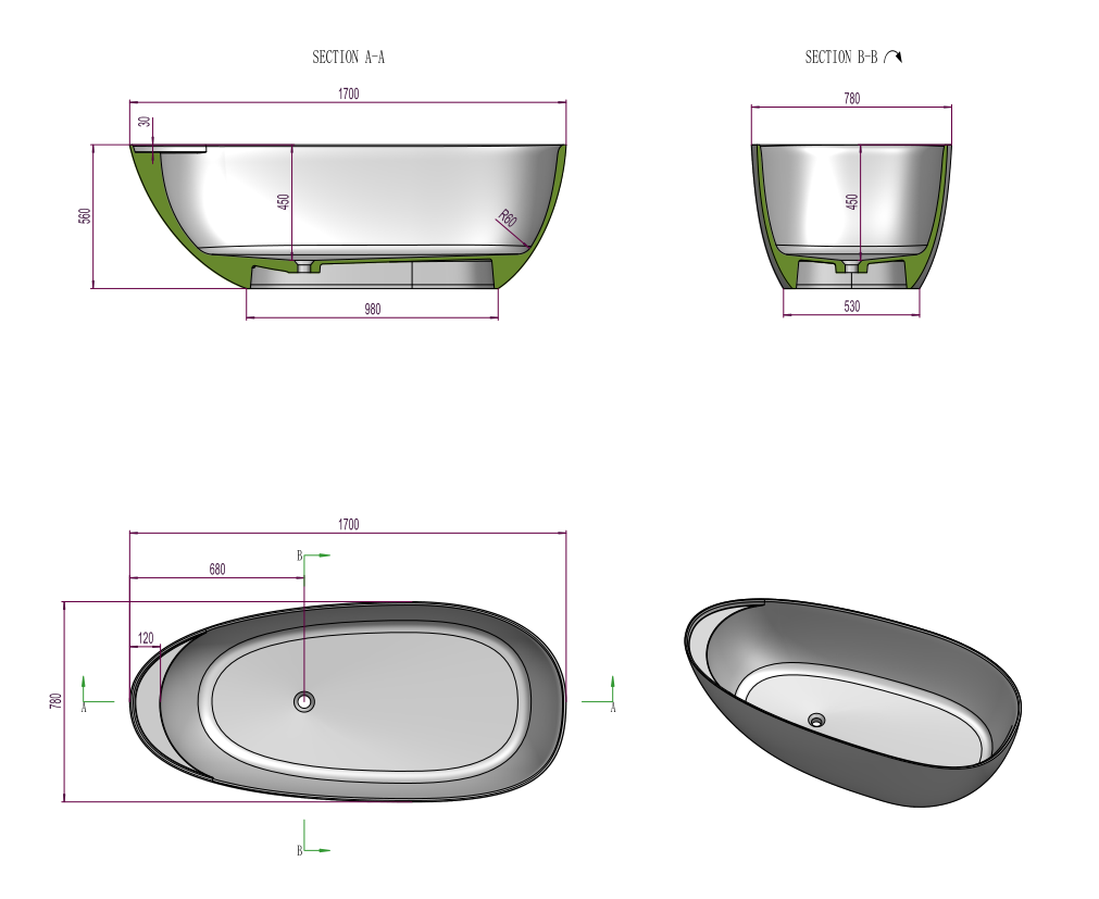Technical drawing of an oval sink with dimensions labeled