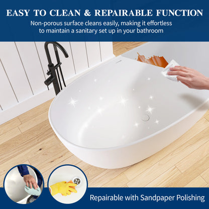 Medunjess 65'' Freestanding Bathtub Solid Surface Deep Soaking Tubs Double Slippers
