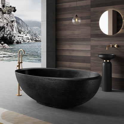 MEDUNJESS 67" Organic Modern Black Travertine Artificial Stone Freestanding Tub