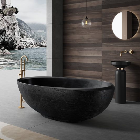 MEDUNJESS 67" Organic Modern Black Travertine Artificial Stone Freestanding Tub