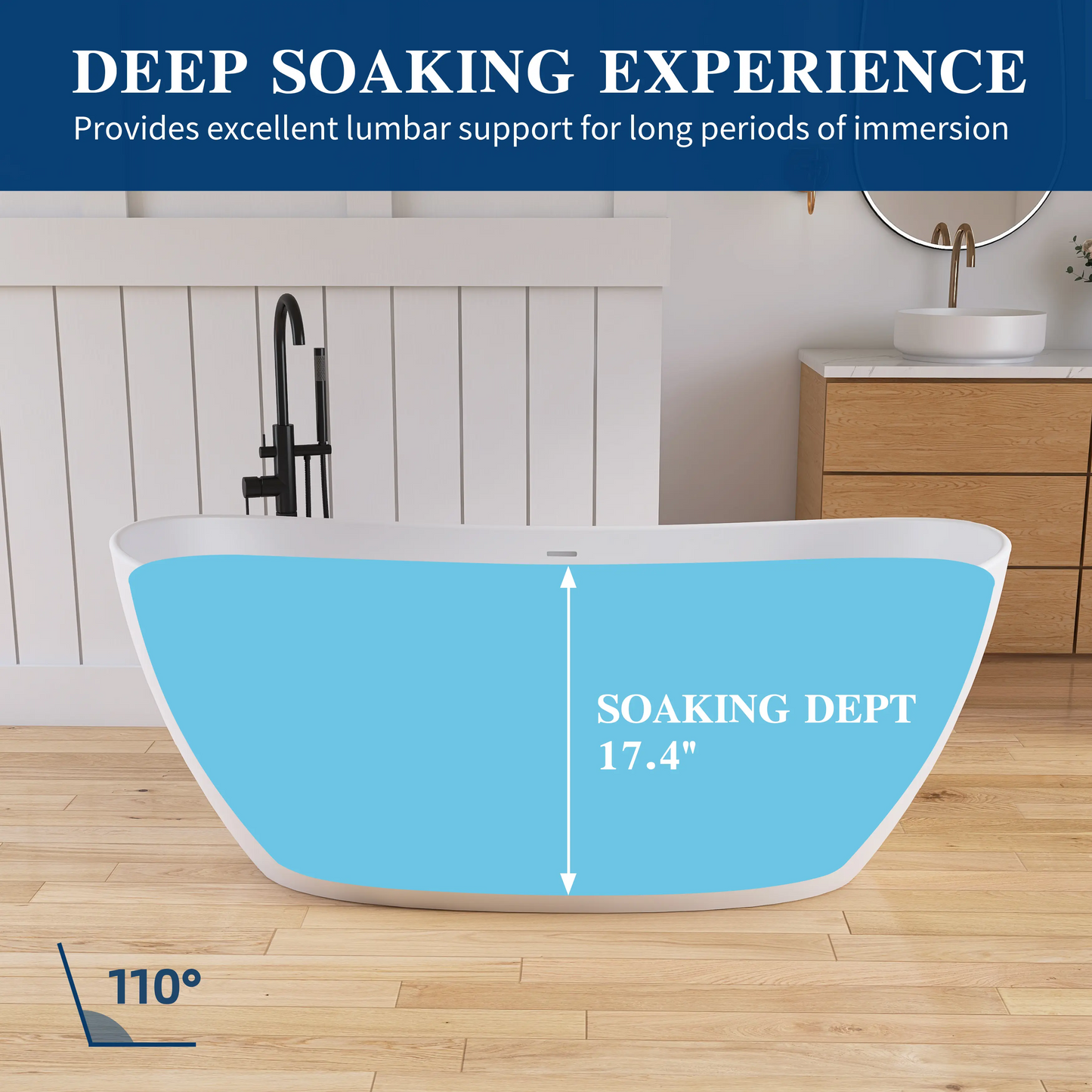 Medunjess 65'' Freestanding Bathtub Solid Surface Deep Soaking Tubs Double Slippers
