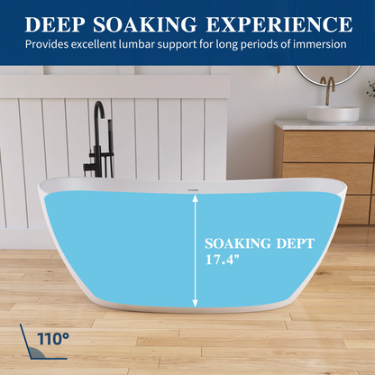 Medunjess 65'' Freestanding Bathtub Solid Surface Deep Soaking Tubs Double Slippers
