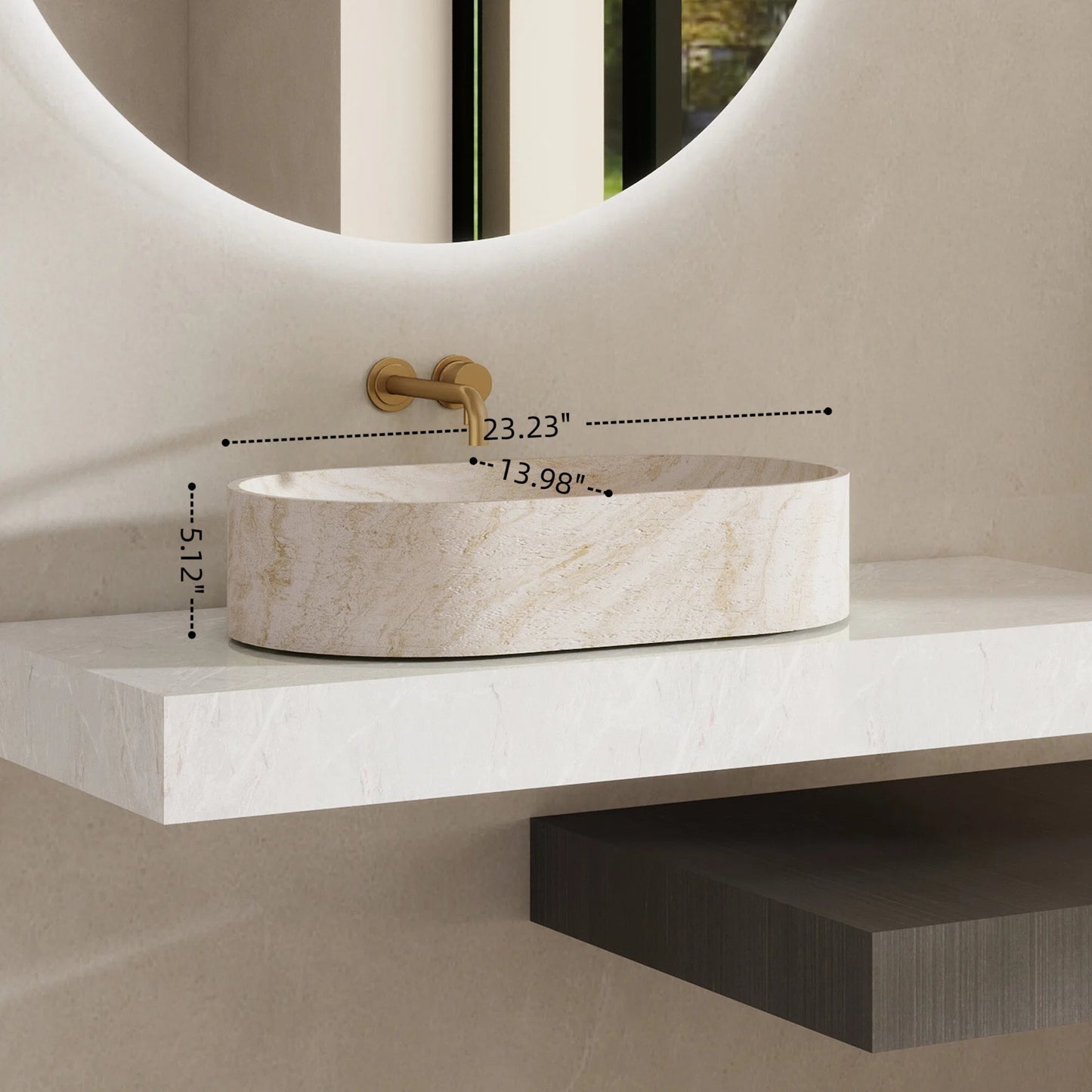Marble pattern solid surface sink on a bathroom counter with dimensions displayed