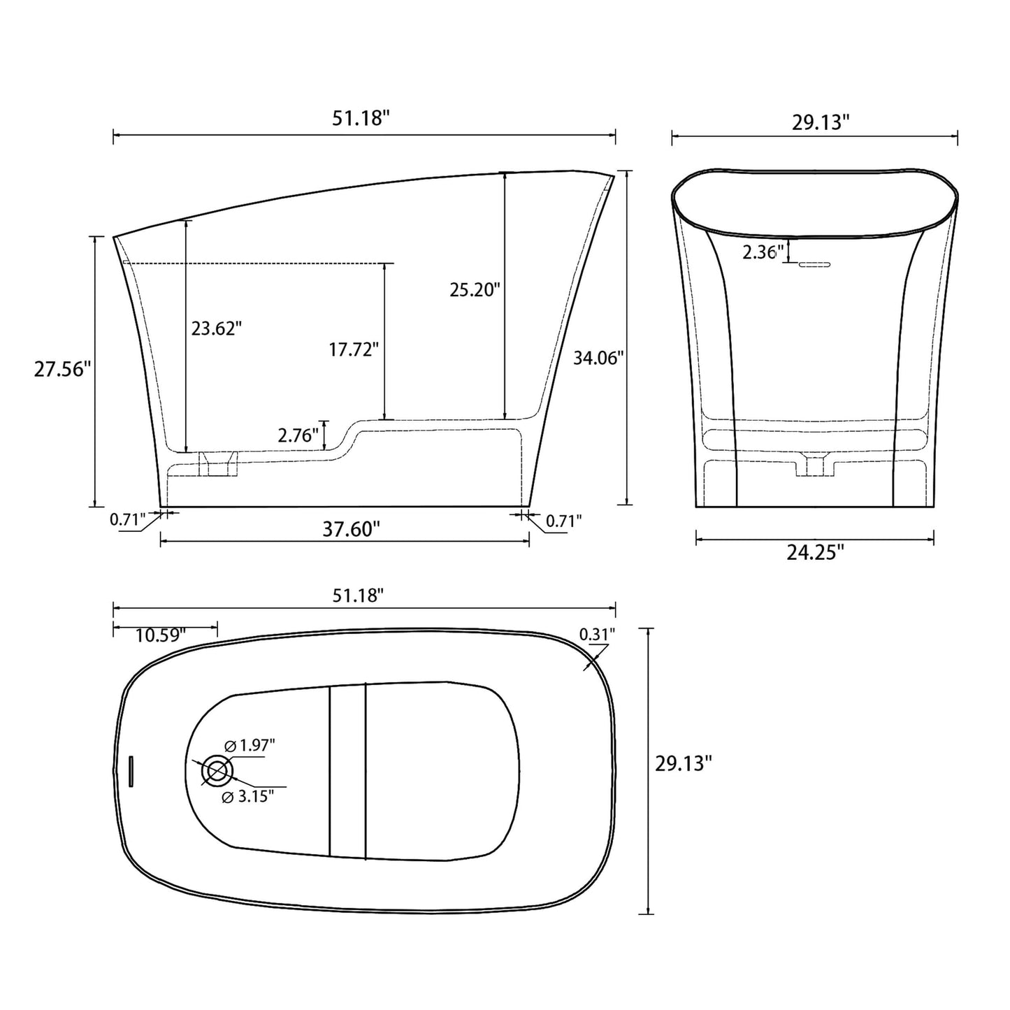 Medunjess 51" Japanese Soaking Tub Freestanding ECO-Friendly